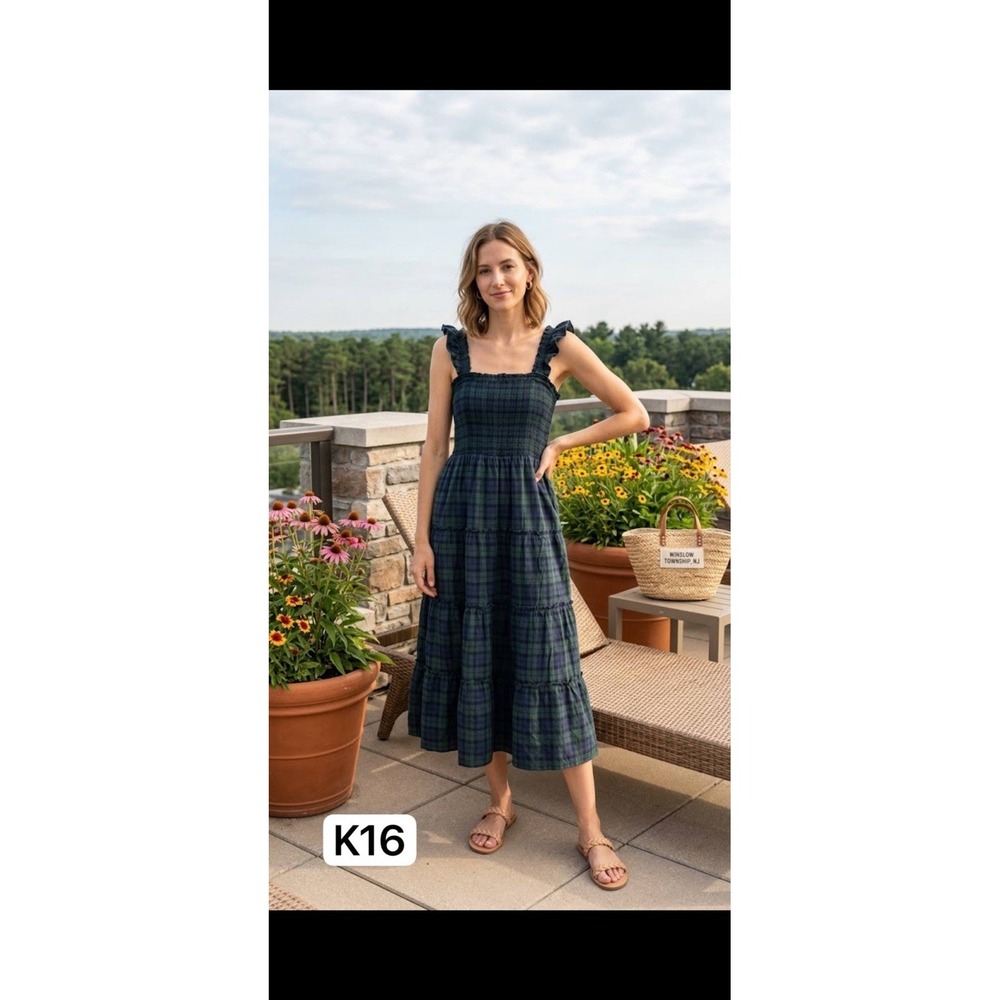 J.Crew Re-Imagined Green Plaid Smocked Tiered Ruffle Midi Dress Pockets Medium